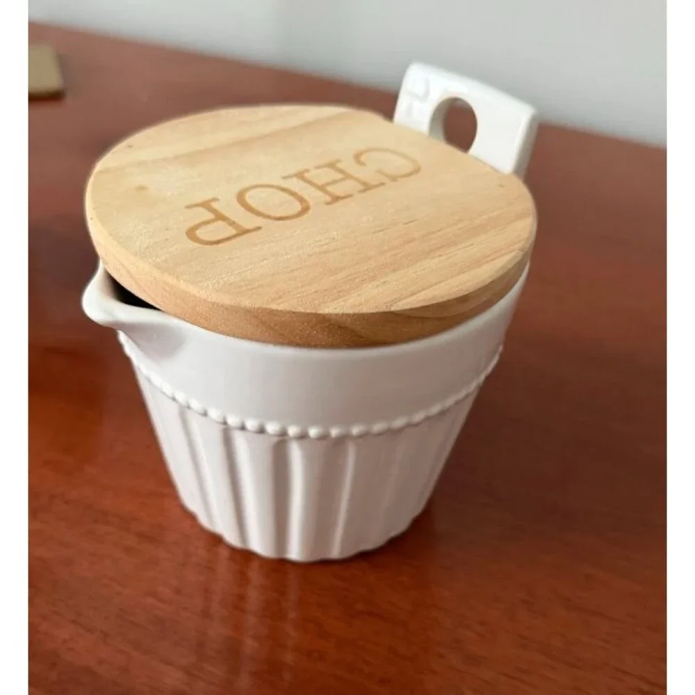 Mud Pie Measure Up Ceramic Measuring Cup Wooden CHOP Lid 16oz Kitchen